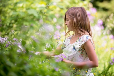 Young Girl Plucking Flowers in Garden - Family Photography Burlington by Devon Crowell